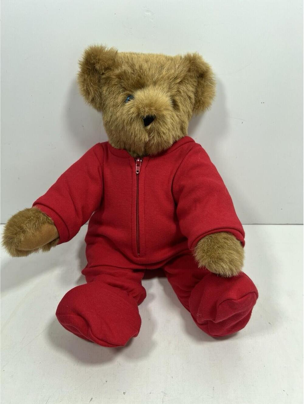 Vermont Teddy Bear 15” Jointed Honey Blue Eyes Red Pajamas Plush
